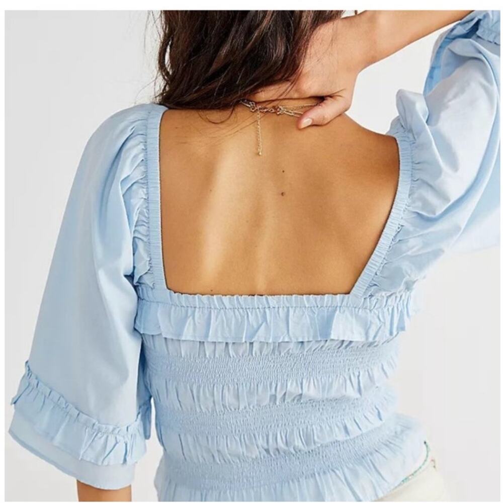 OPEN TO OFFERS Free People Shirred Perfection Top Blouse  Blue Size XSmall - Picture 2 of 7